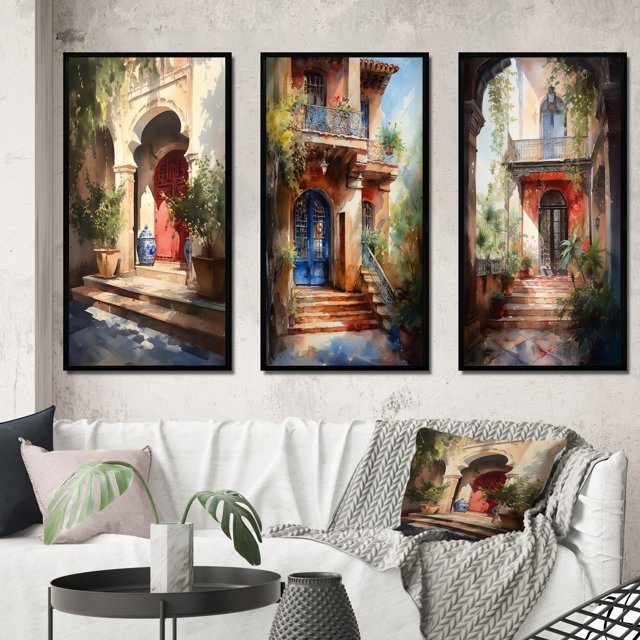 Designart "Rustic Stairway Welcoming Cottage Entry IV" Farm Framed Wall Art Set Of 3 - Red Country Frame Canvas Set For Living Room Decor