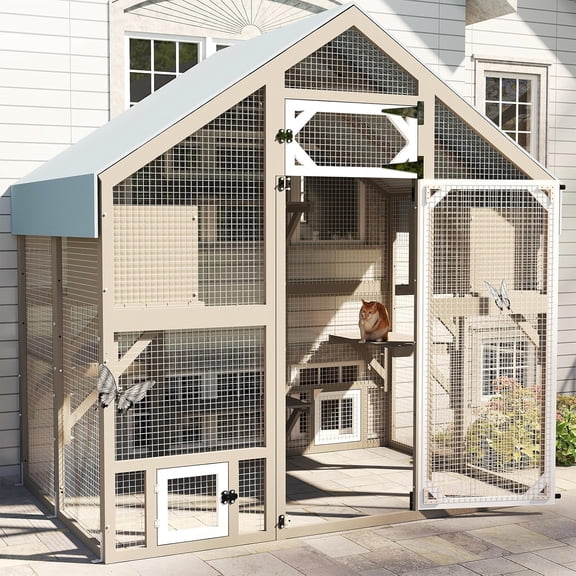 Petsblublu 71" H Cat Catio Outdoor Cat Enclosure Large Cat House with 2 Condos, 6 Platforms