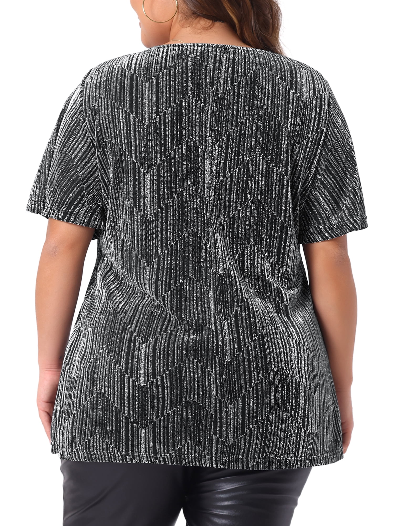 Women's Plus Metallic Tops V Neck Short Sleeve T-Shirt Party Top Glitter Blouses 5X Silver