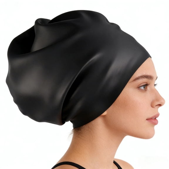 Extra Large Silicone Waterproof Swim Caps for Long Hair, Braids, Dreads, Weaves, Extensions, Curls & Afros - Keep Hair Dry for Women & Men(Black)