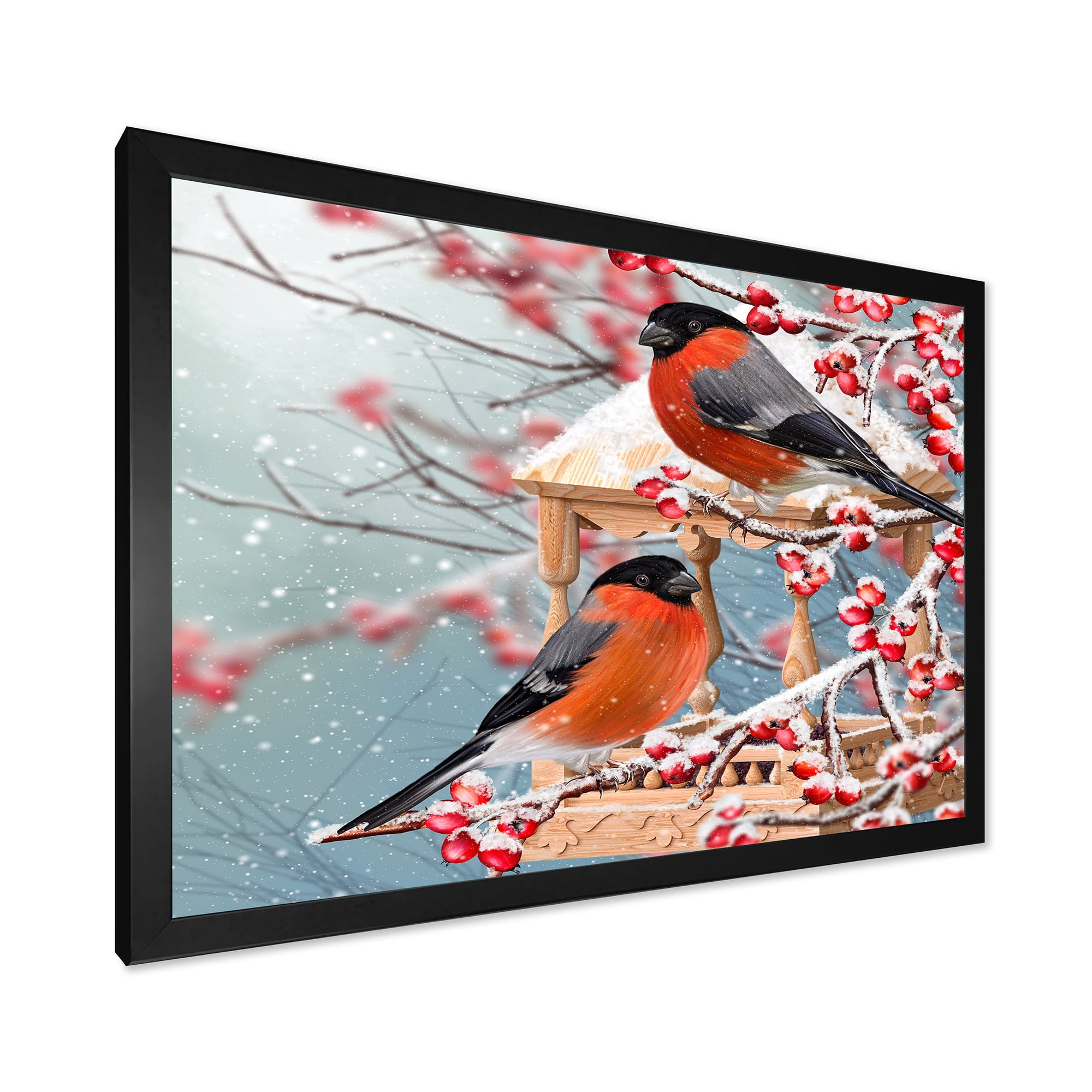 Designart 'Two Tits Sit On A Snow-Covered Berries Branch ' Traditional Framed Art Print