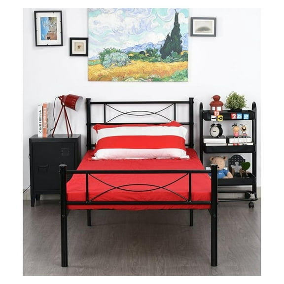 Platform Headboard and Footboard Box Spring Replacement 12 Inch Storage Twin Bed Frame 6 Legs Foundation Mattress Heavy Duty Steel Slabs Easy Assembly, Brown