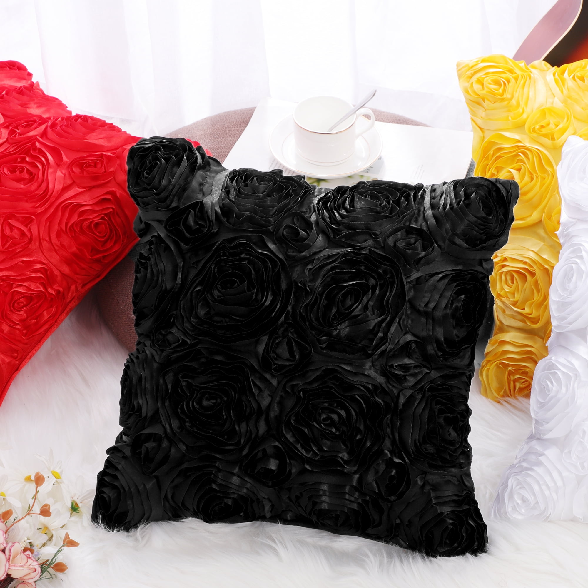 PiccoCasa Decorative Throw Pillow Covers 3D Satin Rose Flower Shells Cushion Covers, 2Pcs, 16"x16" Black