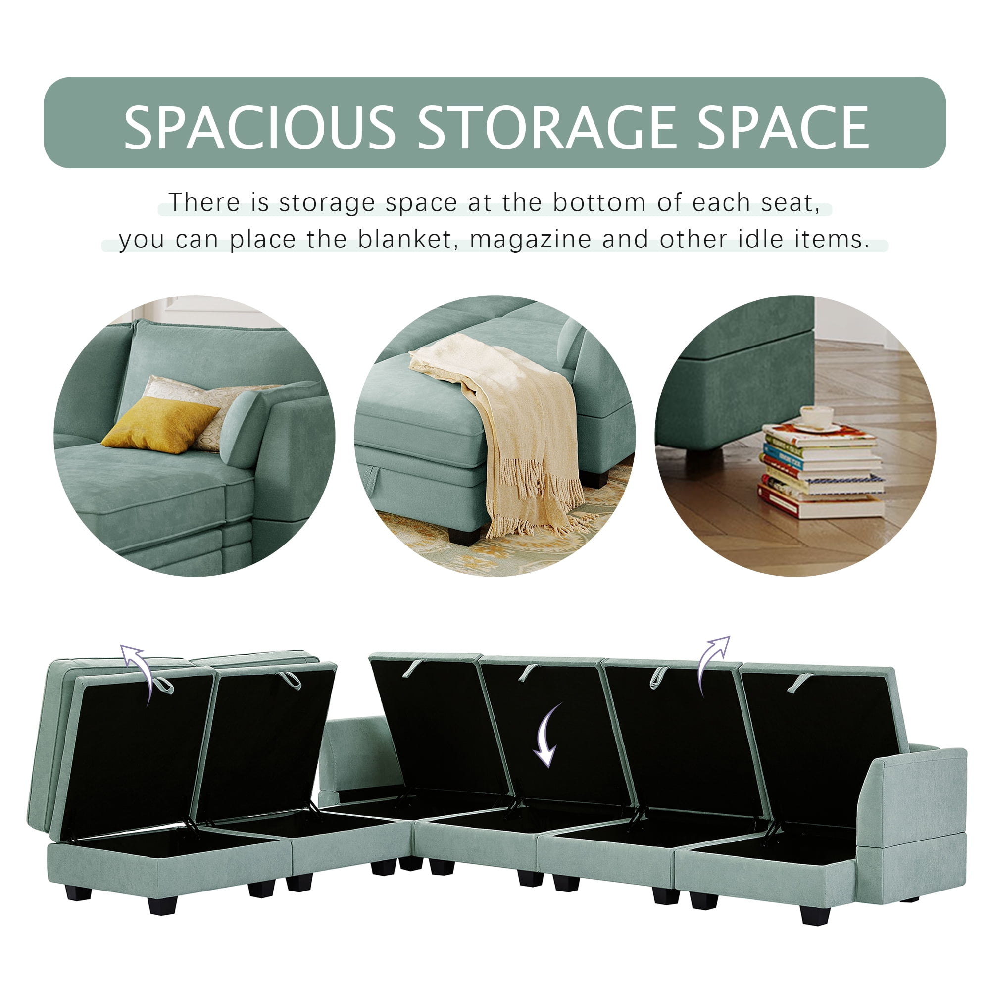 YYAo Modern Large U-Shape Modular Sectional Sofa, Reversible Sofa Bed with Storage Seat for Living Room, Light Green YYAo Modern Large U-Shape Modular Sectional Sofa, Reversible Sofa Bed with Storage Seat for Living Room, Light Green