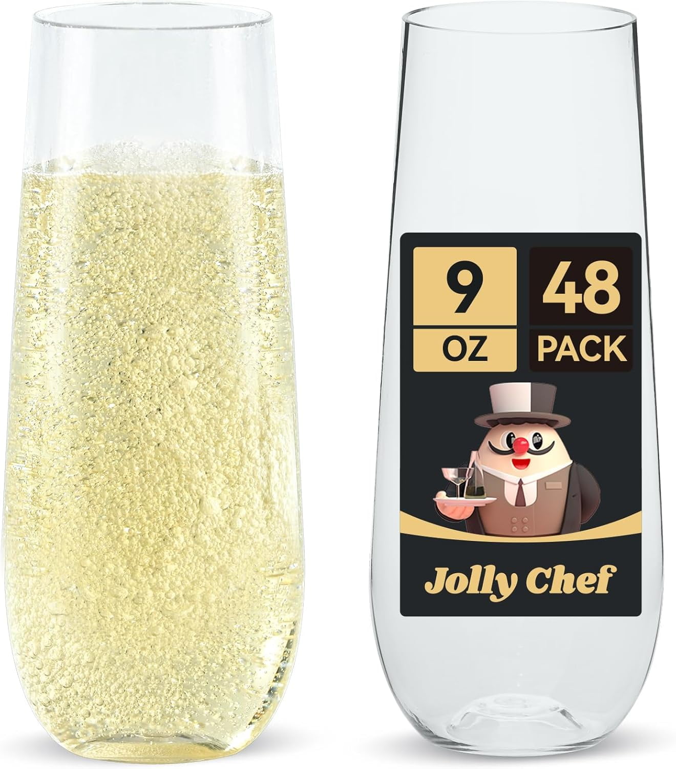 48 Pack Stemless Plastic Champagne Flutes 9 oz, Crystal Clear Stemless Plastic Toasting Glasses, Clear Disposable Unbreakable Drinkware Ideal for Wedding, Birthday, Party