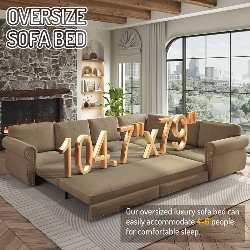 118" L-Shaped Convertible Sleeper Couch Bed, Chenille Upholstered Sectional Sofa with Pull-Out Sofa Bed, Modern Chesterfield Sofa for Living Room