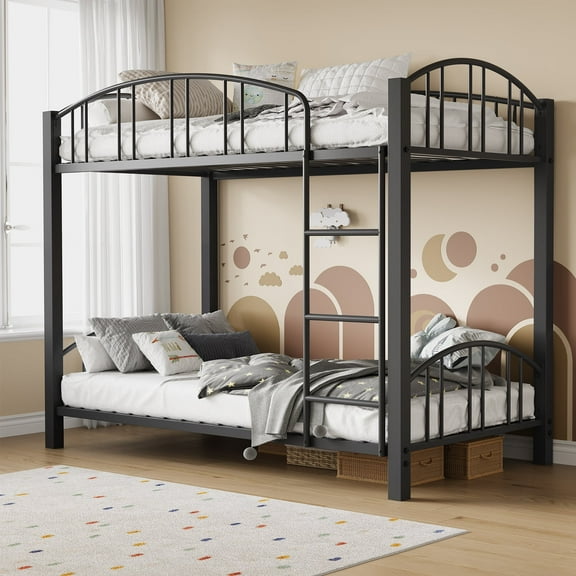 Festisoul Metal Twin over Twin Size Bunk Bed Frame with Heightened Arched Guardrail and Safety Ladder Noise Free, Heavy-duty, Black
