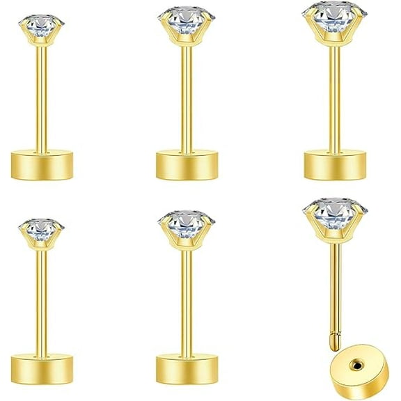 Xukmct 3 Pairs Flat Back Earring Stud 3mm 4mm 5mm Round Cubic Zirconia Earring Stud for Women, Gold