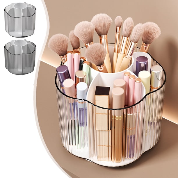 Contenedor giratorio de almacenamiento de cosméticos | Organizador de maquillaje de plástico negro con múltiples compartimentos y cubiertas | Pincel transparente, lápiz labial, portalápices |