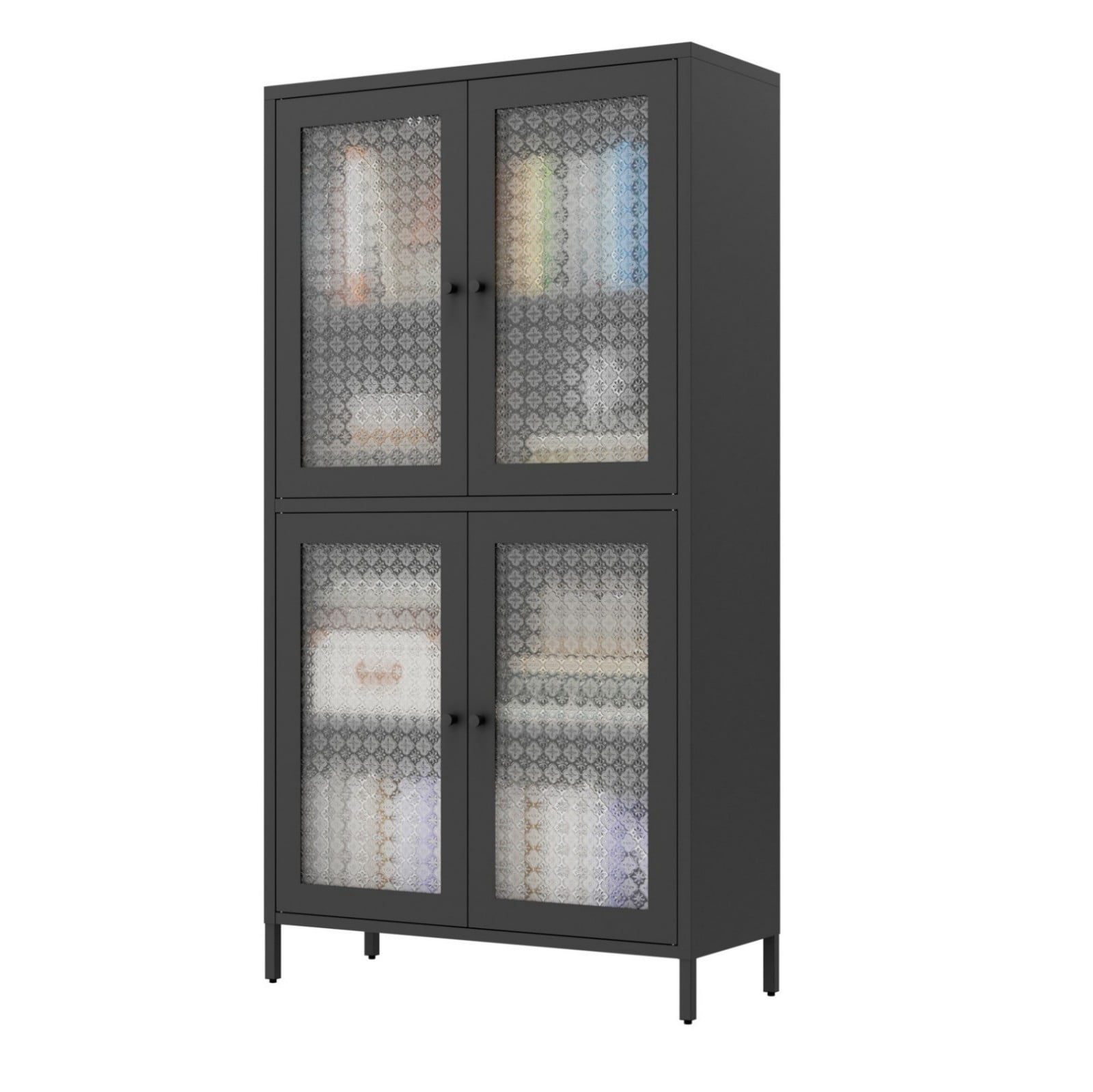 Metal Storage Display Cabinet with 4 Glass Doors, Freestanding Bookcase Side Cabinet with Adjustable Shelves, Black Steel & Tempered Glass Display Cabinet for Living Room, Office, Kitchen