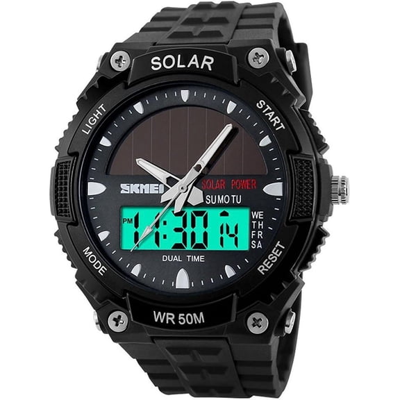 Men's Solar Powered Casual Quartz Wrist Watch Analog Digital Multifunctional Black Sports Watch