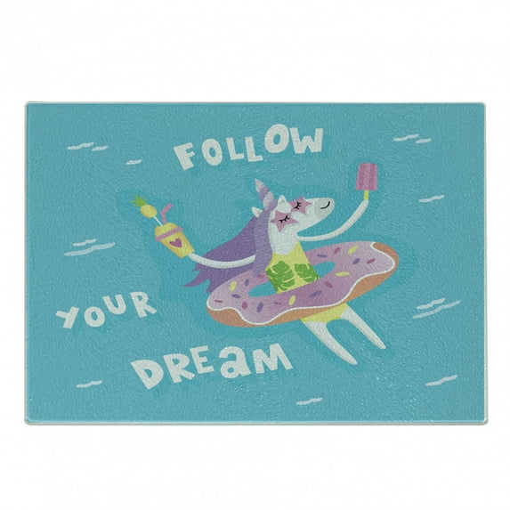 Unicorn Party Cutting Board, Message Follow Your Dream Words with Summer Animal in the Pool, Decorative Tempered Glass Cutting and Serving Board, Small Size, Multicolor, by Ambesonne
