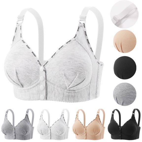 Smsaxvxz Wireless Bras for Women Comfortable Full Coverage Ribbed Adjustable Straps Push Up Support Front Closure Bra White