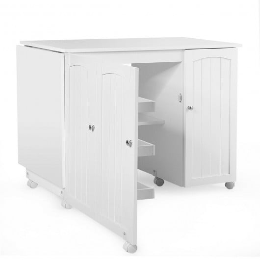 White Folding Sewing Table Shelves Storage Cabinet Craft Cart with Wheels