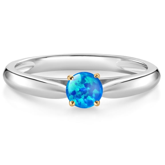 Gem Stone King 925 Silver and 10K Yellow Gold Ring Blue Simulated Opal Solitaire Engagement Ring for Women (0.25 Cttw, Gemstone October Birthstone, Round Cabochon 4MM, Size 9)