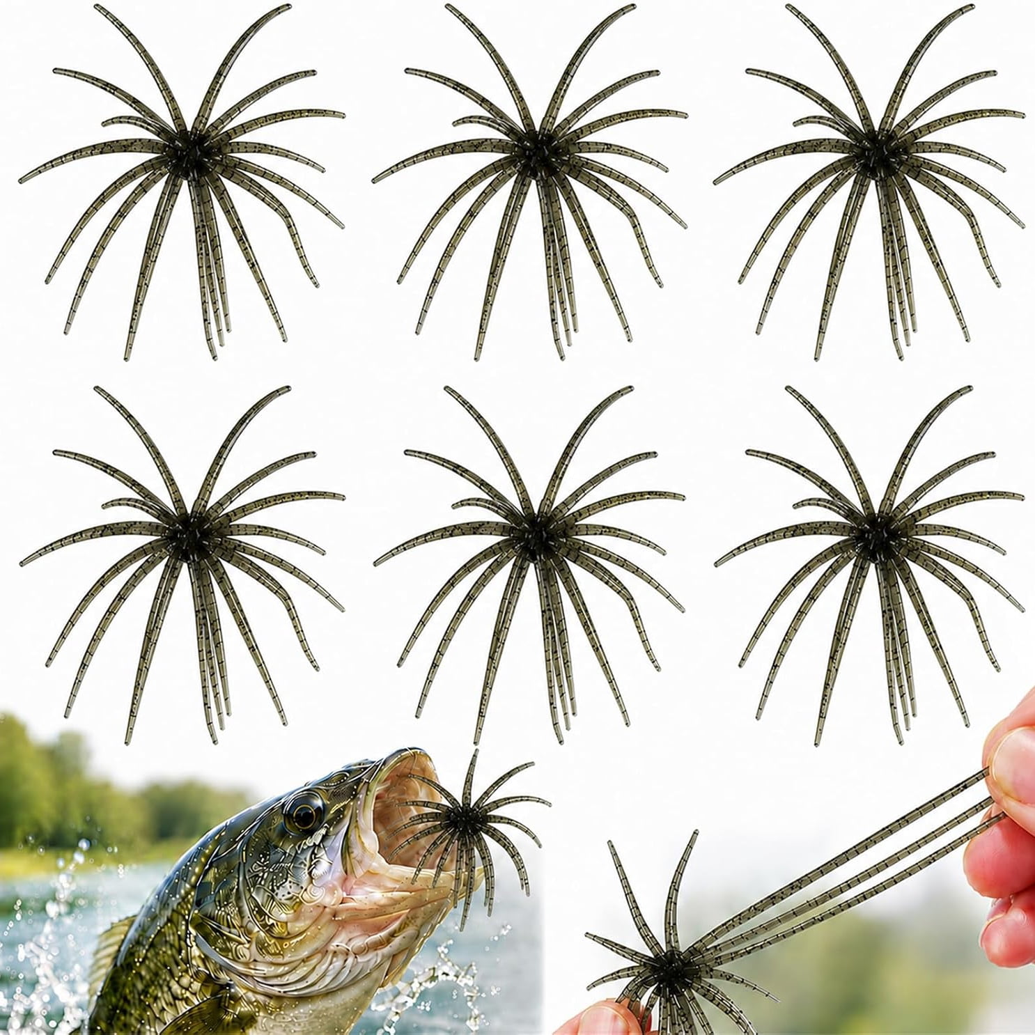 BESTSKY 6Pcs Sea Urchin Bait Realistic Fuzzy Dice Fishing Lure for Bass & Perch Floating Tpr Swimbait with Reflective Stars 6 Colors Artificial Worm Bait for Saltwater & Freshwater