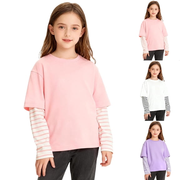 LTTVQM Girls Cotton Fake Two Piece Shirts Striped Long Sleeve Crewneck Pullover 2026 Spring Fall Comfy Breathable Blouse School Tee Pink 7-8 Years