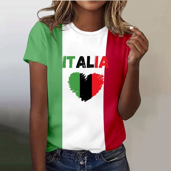 Lkhaha Women Italia Heart Print T Shirts Crew Neck Tops Short Sleeve Casual Tees White L