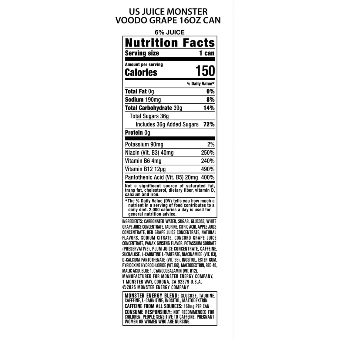 Juice Monster, Voodoo Grape, Juice + Energy Drink, 16 fl oz, Can