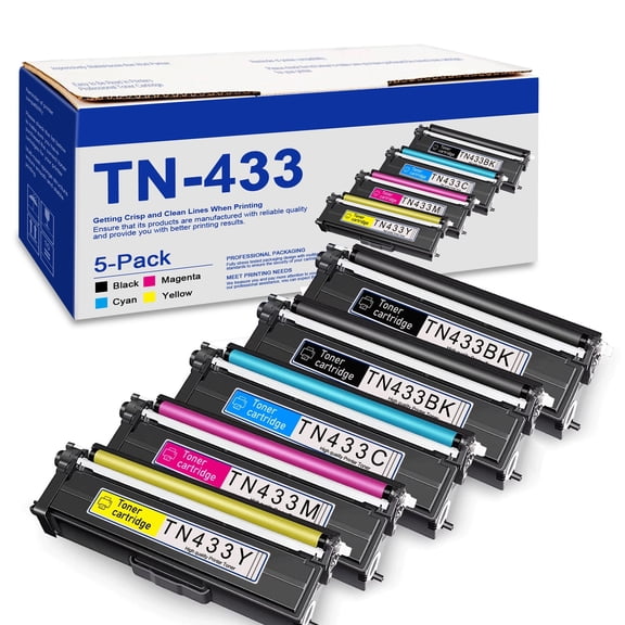 TN433 5 Pack High Yield Toner Cartridge Compatible for Brother TN433 Ink MFC-L9570CDWT Printer (2Black /1Cyan/ 1Yellow /1Magenta)
