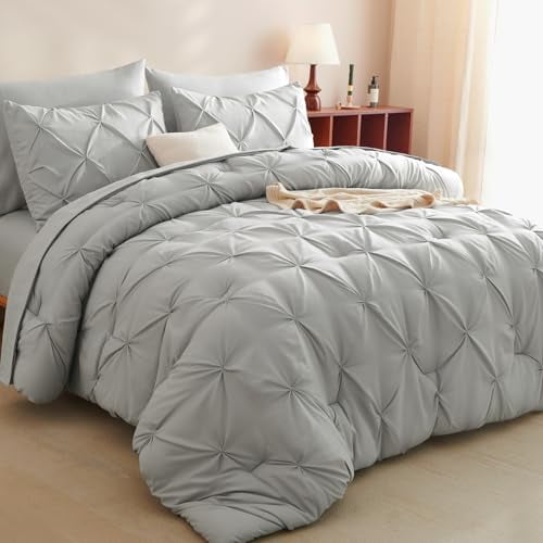Cozylux Juego De Edredón Queen Gris Claro, 7 Piezas, Cama Pintuck En Una Bolsa, Edredón Gris Premium, Juegos De Cama Plisados Tamaño Queen Con Edredón, Sábana Encimera, Sábana Bajera, Fundas De Almo