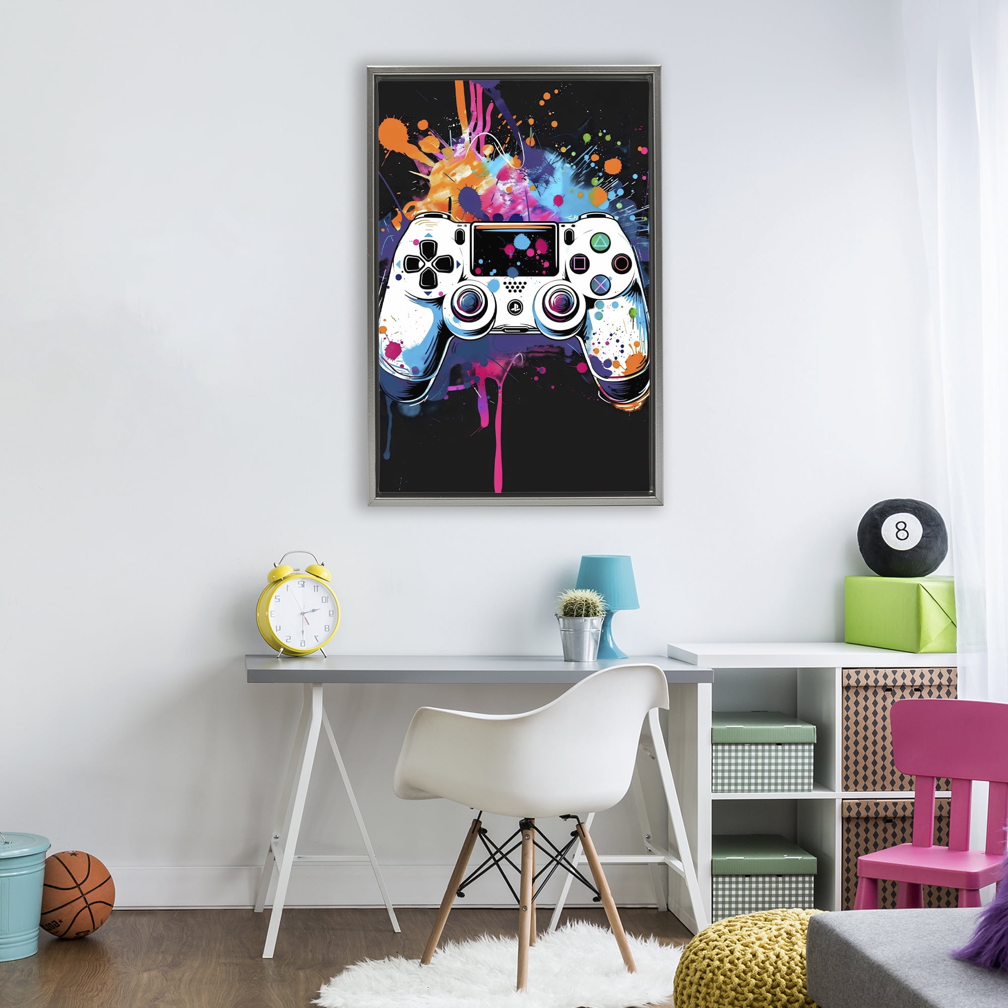 Stupell Industries Controller Contrast with Neon Splatter Gray Framed Floater Canvas Wall Art, design by Creative Studio