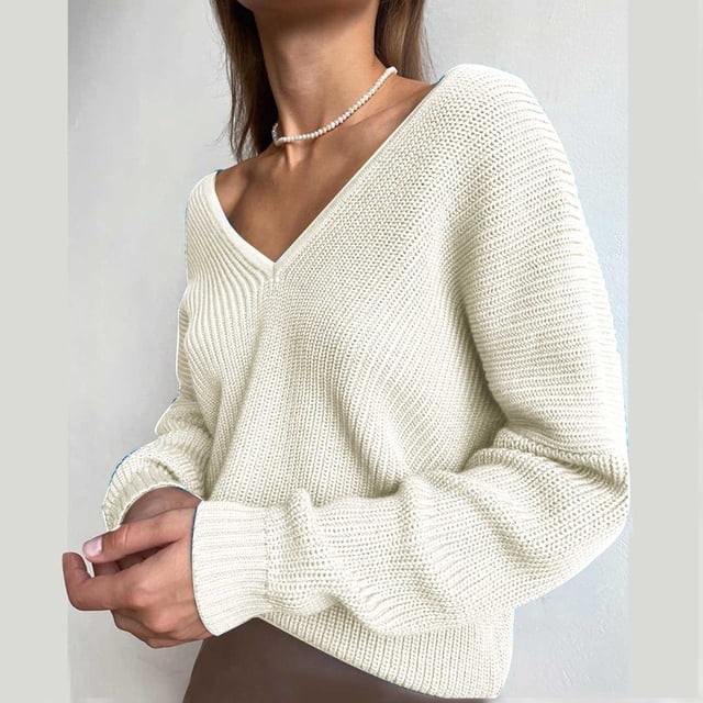 Qertyioot Chandails à Col en V pour Femmes Mode Automne Chandail Tricoté à Manches Longues Décontracté Uni