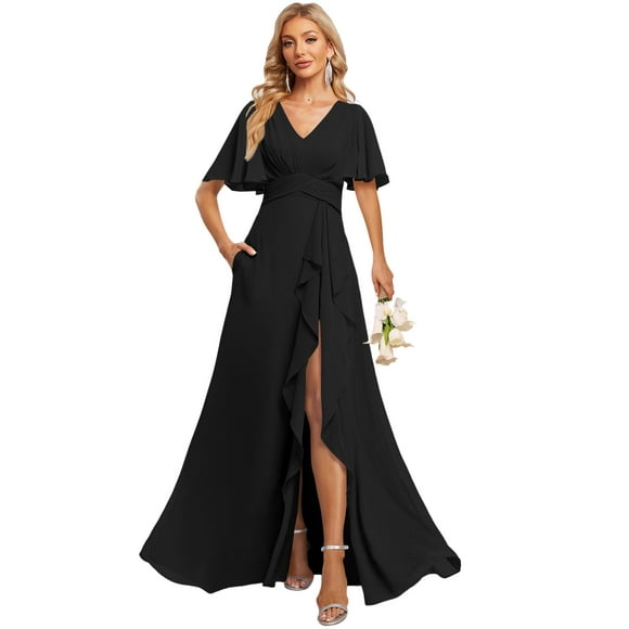 Vestido de dama de honor Deamify con mangas onduladas de gasa negra 2025