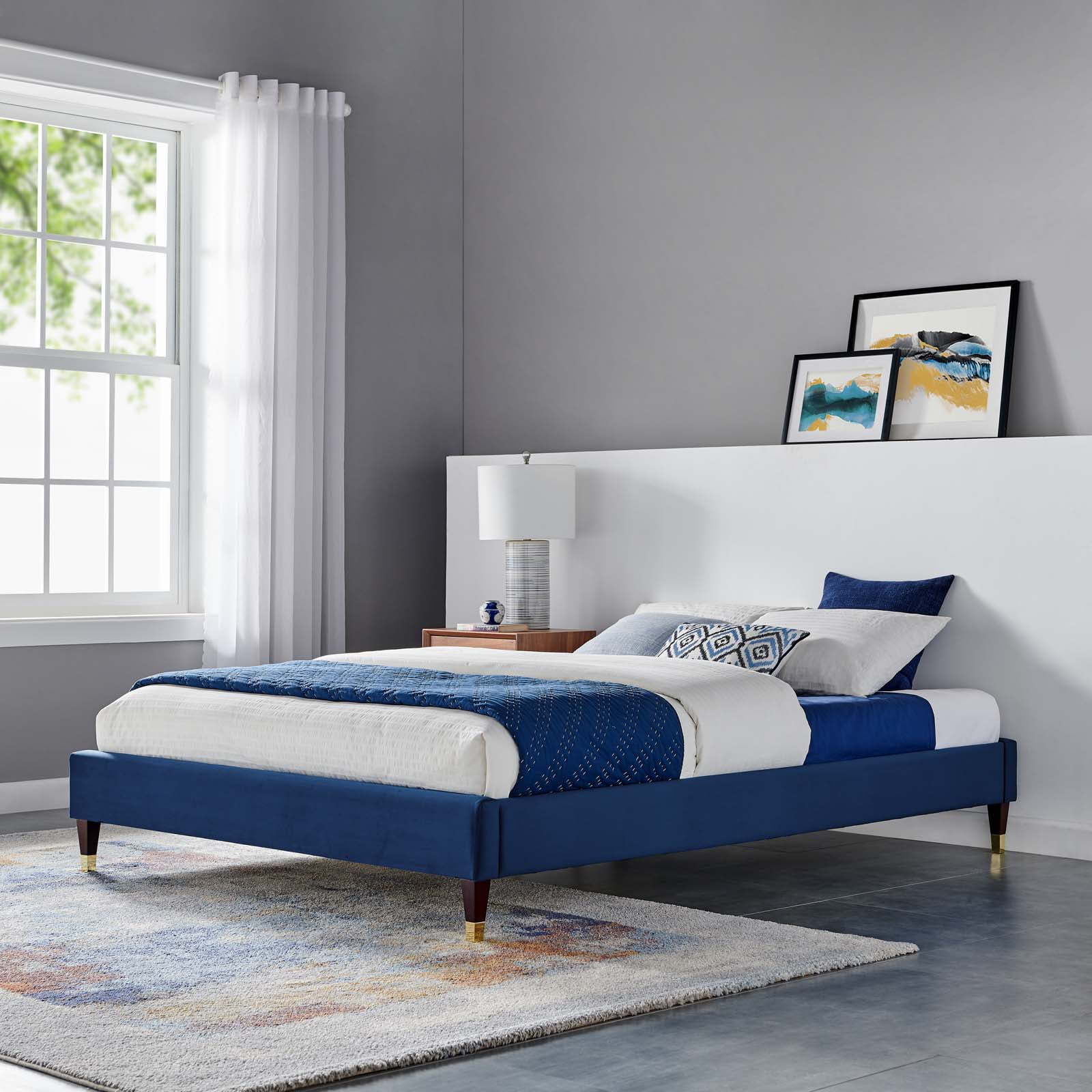 Modway Harlow Perfomance Velvet Platform Bed Frame, Full, Blue