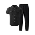 thumbnail image 5 of Mens 2 Piece Linen Set Summer Beach Button Down Short Sleeve Work Shirt Long Pant Vacation Casual Outfit Size 3XL Black, 5 of 6