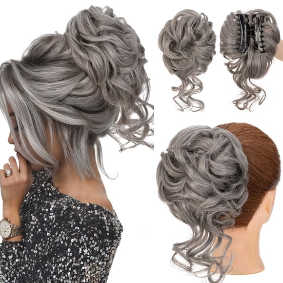 S-noilite Claw Clip Messy Bun Hair Pieces Tousled Updo Fake Hair Bun Chignon Wavy Curly Messy Bun with Clip Hair Extensions Scrunchie Clip on Bun Ponytail Hairpieces for Women(dark grey)