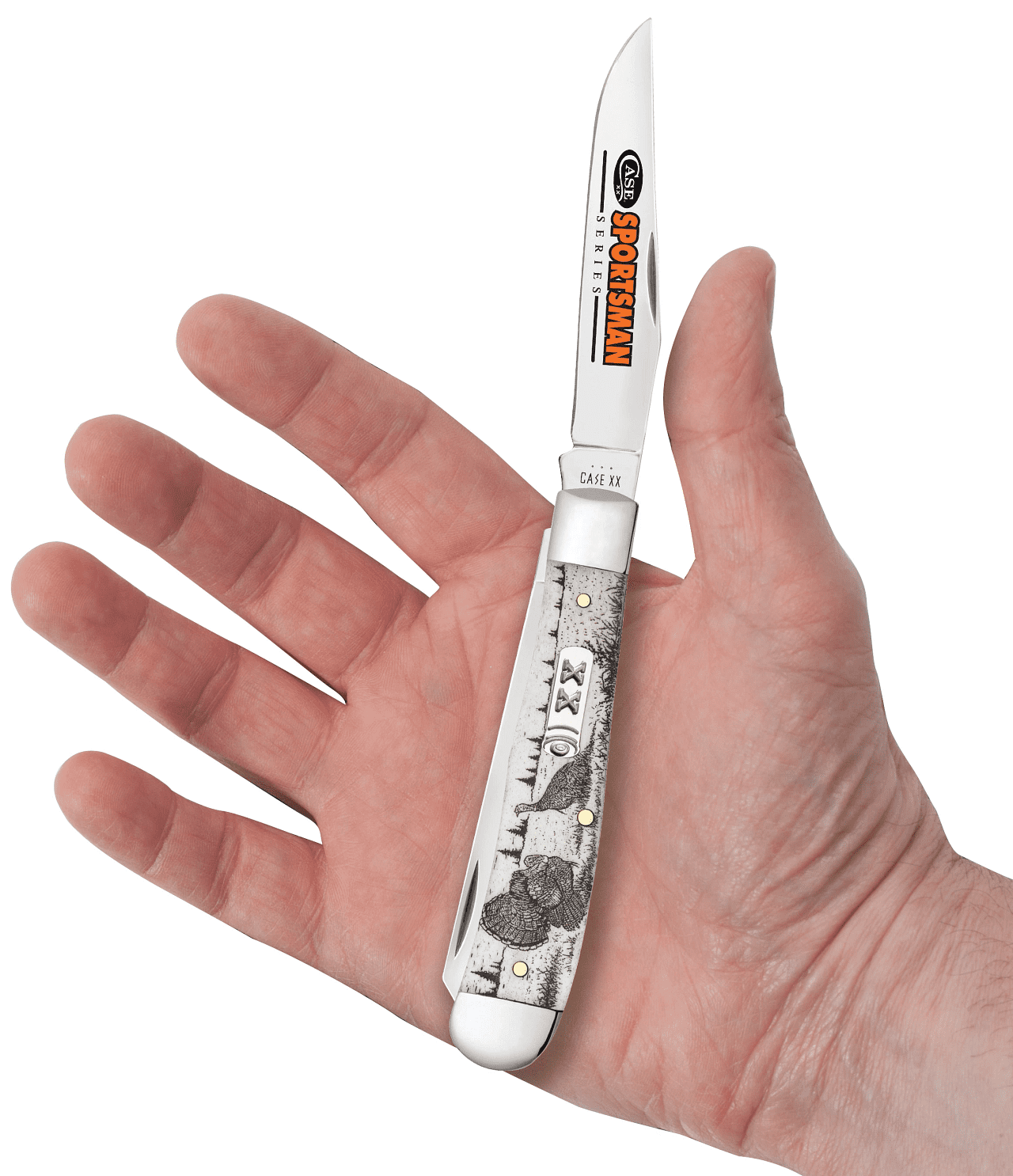 Case Trapper Sportsman Folding Knife, 3.24in/3.27in, Tru-Sharp Surgical Steel, Clip Point/Spey Blade, Turkey Embellished Natural Bone Handle