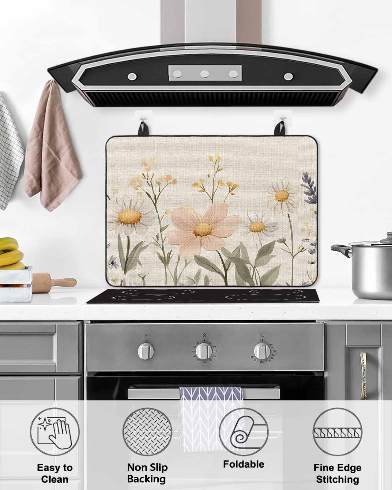 nqOlkjepod Large Induction Cooktop Protector Mat 24"x21", Daisy Botanical Stove Top Covers for Electric Stove, Vintage Farmhouse Floral Decorative Stove Burner Cover Mats, Glass Top Stove Cover