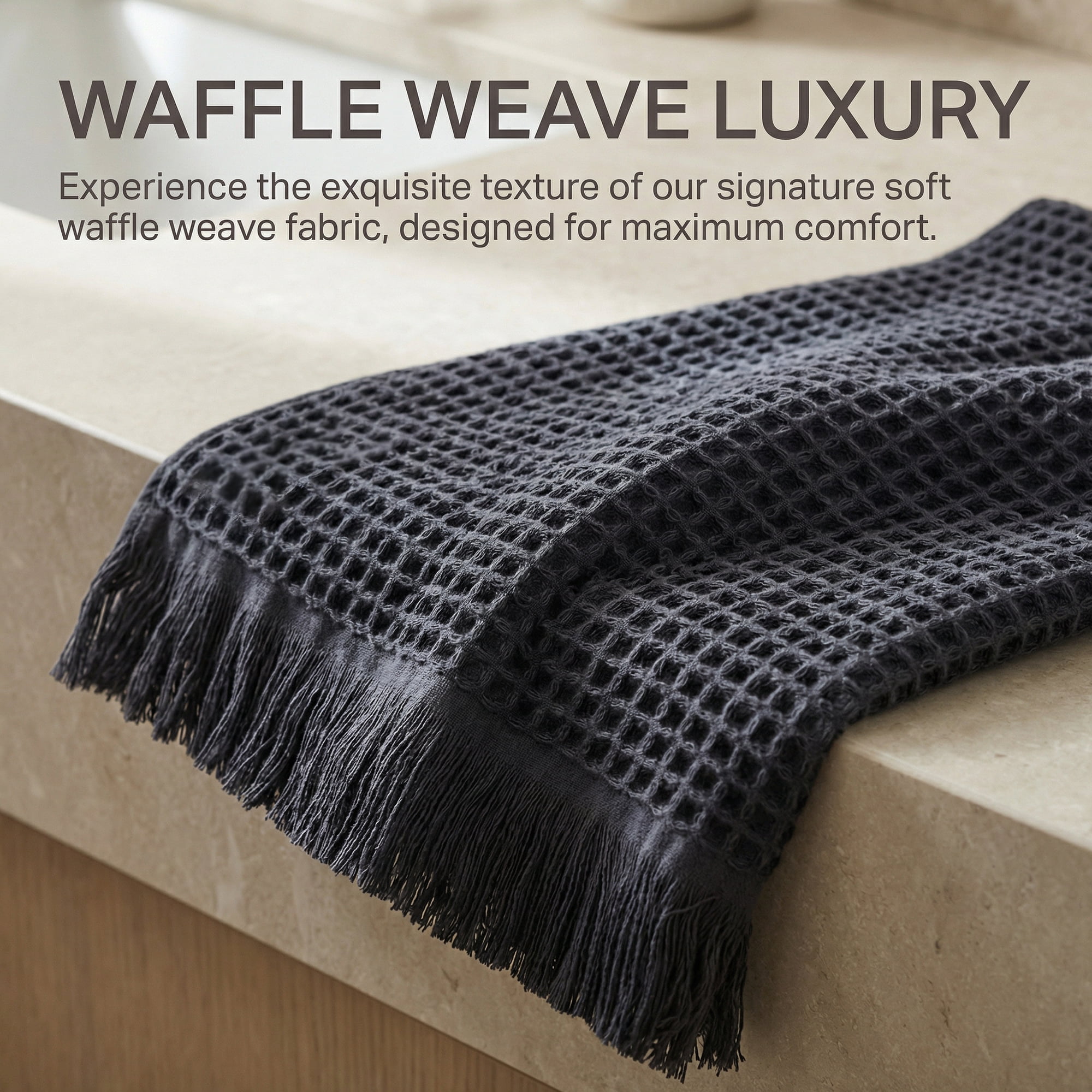 Unique Bargains Highly Absorbent Cotton Waffle Bath Towel with Tassel Dark Blue 71" x 35"