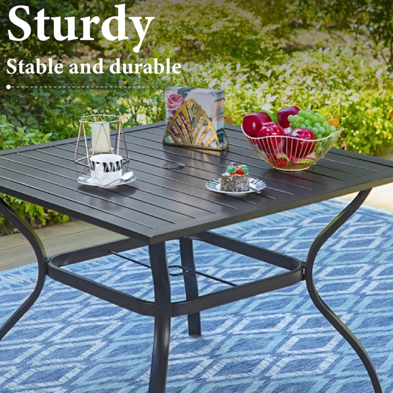 black patio set with a red umbrella MFSTUDIO Dining for 4, Patio Furniture Set w/Umbrella( Red) round use though care should be taken to protect from prolonged periods of wet weather NUU GARDEN 7 Piece Outdoor
