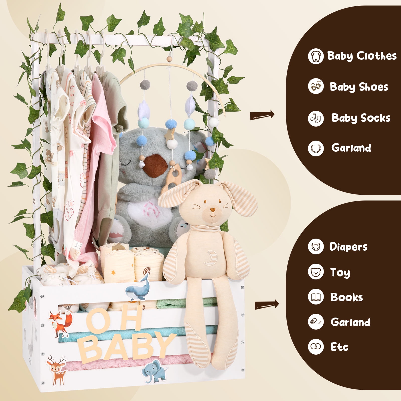 TeSabMi Large Baby Shower Gifts Basket Wooden Crate, Personalized Wooden Letters Hangers New Born Baby Girl Boy Pregnancy Gifts for New Mom Parents Vine Decorations Cute Closet with Adjustable Handle