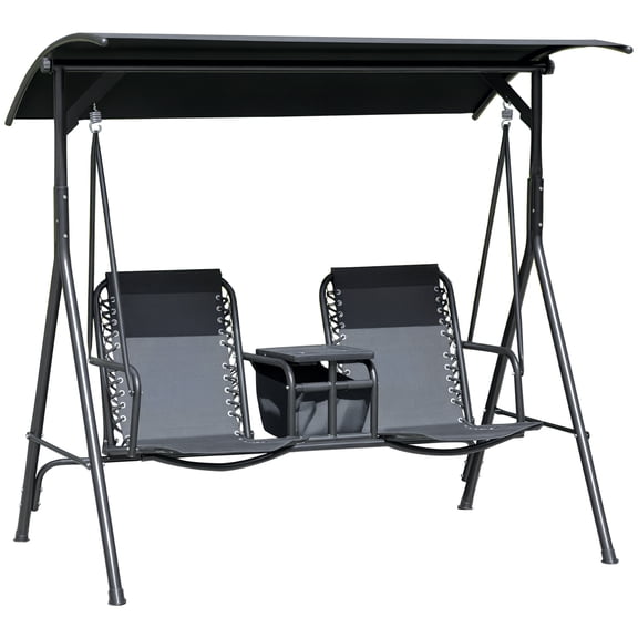 Porch Swing with Canopy and Stand, 2-Person Outdoor Metal Swing Chair with Adjustable Sun Shade, Storage Table, Cup Holders, Weather-Resistant Mesh Fabric, Black, 68.5" W x 64.5" H
