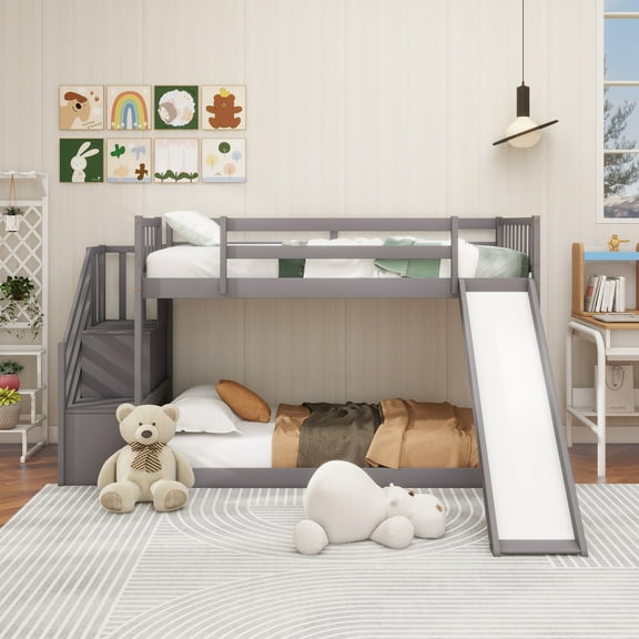 Twin over Twin Bunk Bed with Convertible Slide and Stairway, Gray