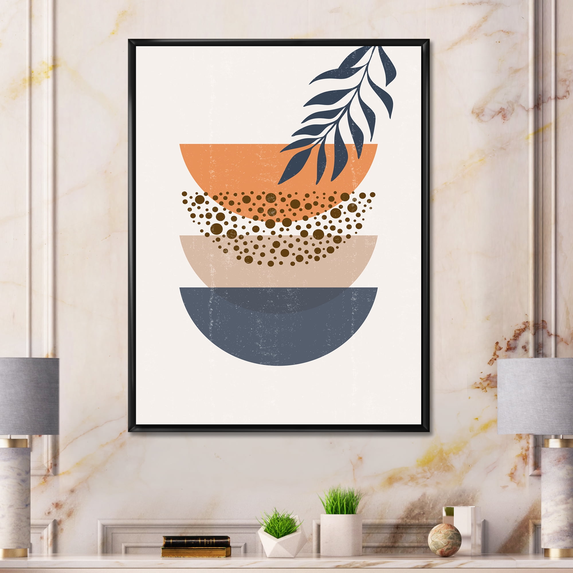 Designart 'Abstract Geometrical Moon and Sun With Leaf IV' Modern Framed Canvas Wall Art Print