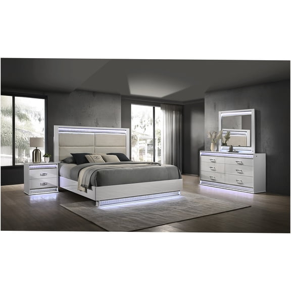 JERFIT Queen Bedroom Set with LED Lights, 4-Piece Glam Modern Upholstered Platform Bed, Dresser, Nightstand & Mirror, White Wood Furniture