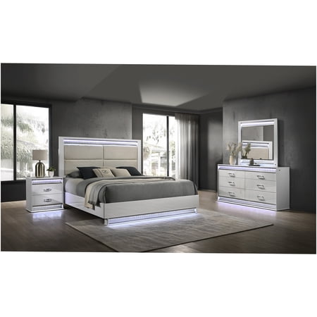 JERFIT Queen Bedroom Set with LED Lights, 4-Piece Glam Modern Upholstered Platform Bed, Dresser, Nightstand & Mirror, White Wood Furniture