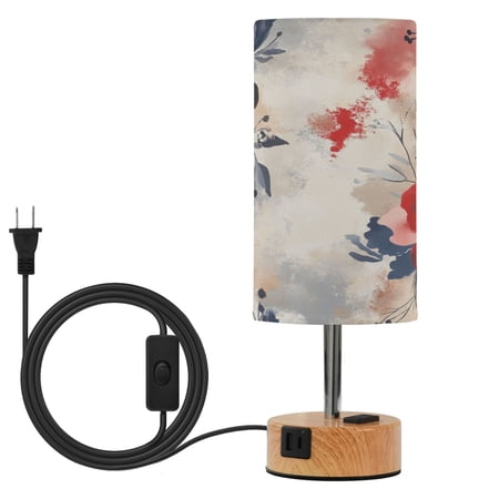 Touch Control Table Lamp with Wood Grain Metal Base 3 Color Temperature Adjustable LED Eye Caring Desk Lamp for Bedroom Study Beautiful Red and Blue Flowers