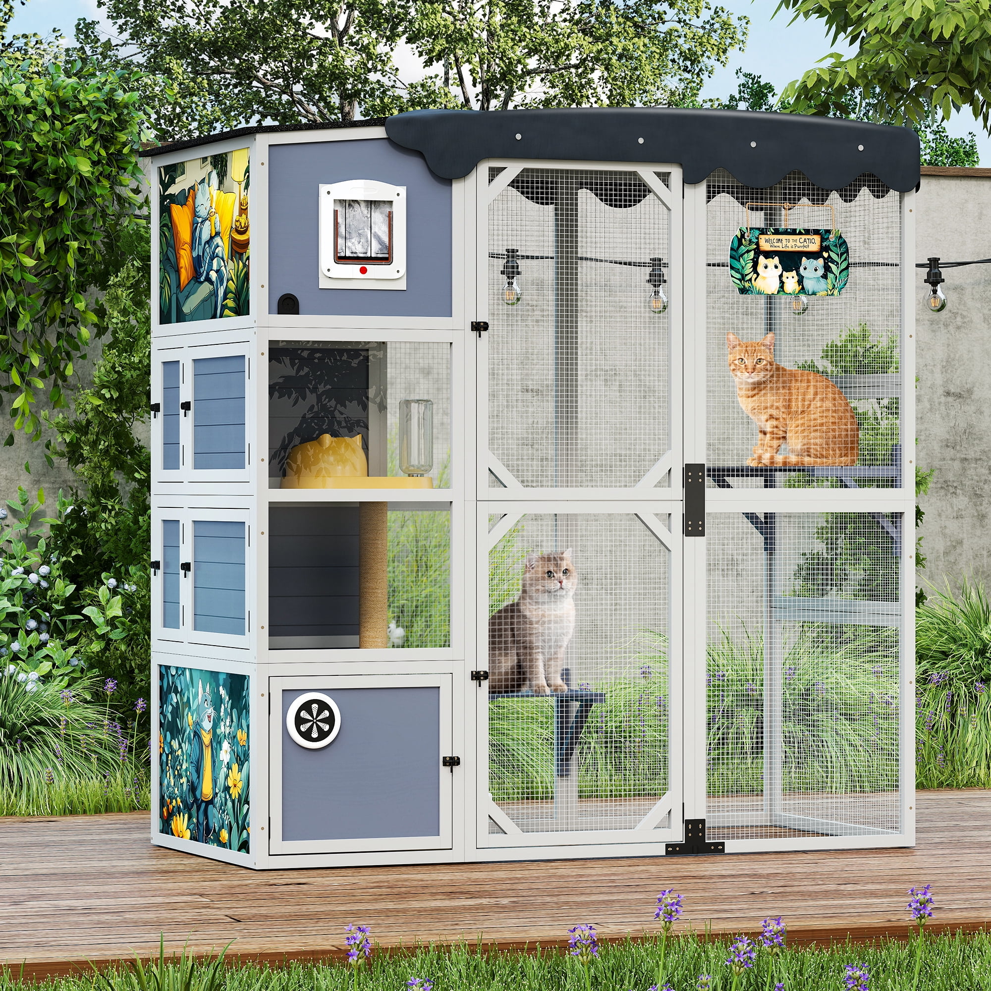 COZIWOW Insulated Outdoor Cat Catio, Large Wood Cat Enclosure with Weatherproof Roof, 2 Resting Rooms, 2 Platforms, 4-Tier Cat Playpen (Grey-Insulated)