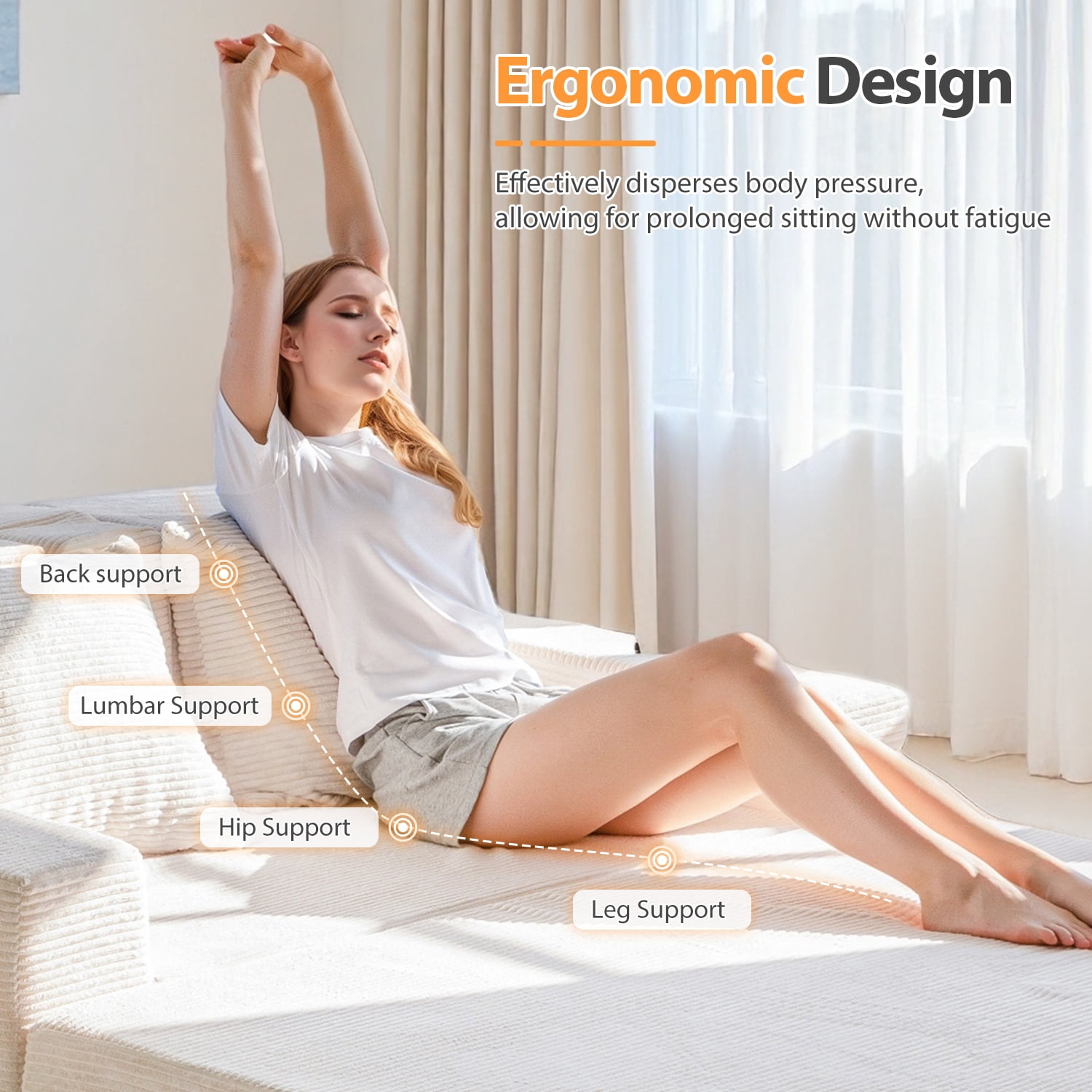 BYBYME Convertible Sofa Bed,Folding Lounger 4-in-1 Boneless Sofa with 2 Pillows and Cup Holder,Floor Sofa for Small Spaces Such as Living Rooms,No Assembly Required,Loveseat,Beige