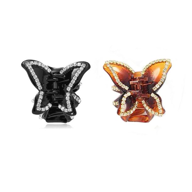 LOVEF Pinza para el pelo con agarre antideslizante de resina plástica con diamantes de imitación de tamaño pequeño de 1,5 pulgadas para mujer, forma de mariposa, 2 unidades, café y negro