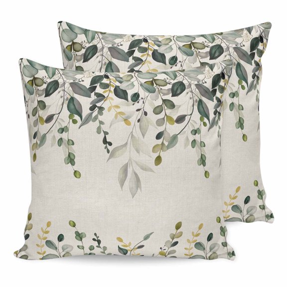 16x16 Pillow Covers Set of 2, Green Eucalyptus Square Throw Pillow Covers for Couch/Sofa/Living Room, Farmhouse Weeping Leaves on Linen Decorative Soft Pillowcases for Couch Throw Pillows