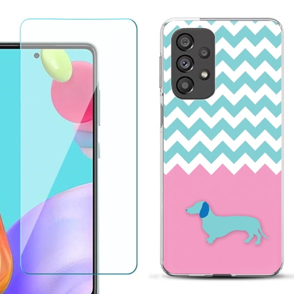 Slim-Fit Gel TPU Phone Case for Samsung Galaxy A33 5G, with Tempered Glass Screen Protector, by OneToughShield ® - Chevron/Dachshund/Puppy