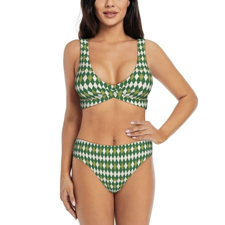Zeuib Light Green Squares High Waisted Tummy Control Bikini Set - Knot Front Push Up Top & Cheeky Thong Bottom  Two-Piece Swimsuit for Women-Large