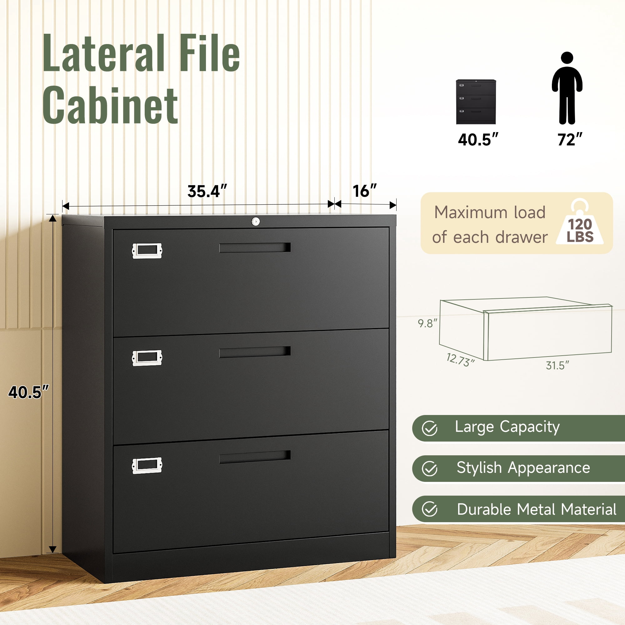 AUHUP 3 Drawer File Cabinet with Lock, Metal Lateral Filing Storage Cabinet Fits Letter/Legal/F4/A4 Size, File Cabinets for Home Office (Black-Assembly Required)