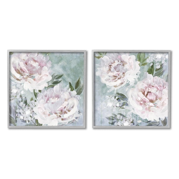 Fluffy Blooming Peonies Nature Botanical & Floral Graphic Art Gray Framed Art Print Wall Art, Set of 2